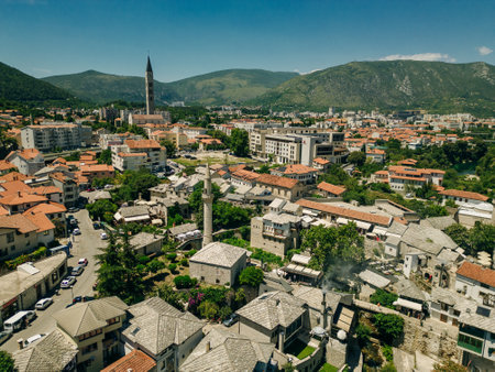 aerial view of the historic town with famous Old Bridge, Bosnia and Herzegovina. High quality photoの写真素材