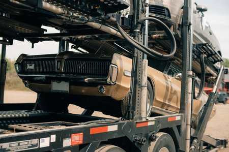 Industrial carrier powered day cab big rig black car hauler semi-truck tractor transporting cars and crossovers. High quality photoの写真素材