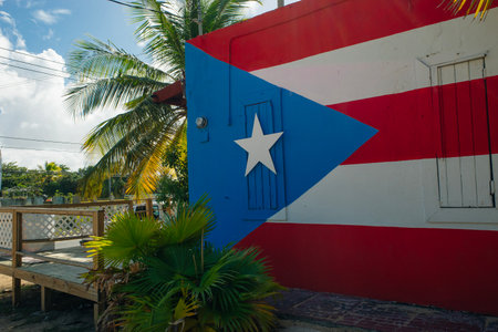 Puerto Rico flag on building with palm trees in background. High quality photo