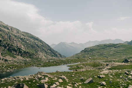 Mountain lakes in Posets Maladeta national park, Vielha valley in Spanish Pyrenees, GR11 hiking trail, Europe. High quality photoの写真素材
