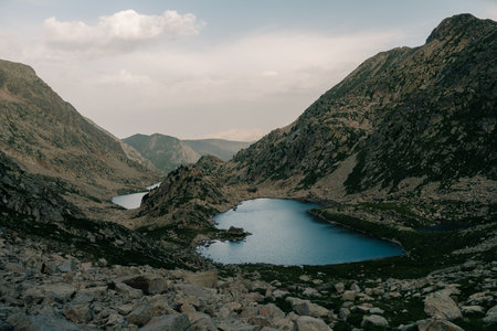 Mountain lakes in Posets Maladeta national park, Vielha valley in Spanish Pyrenees, GR11 hiking...