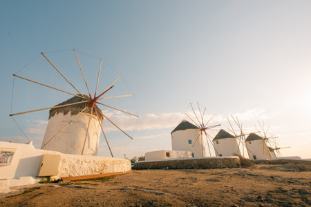 Traditional windmills, the symbol of Mykonos island, Greece. High quality photoの写真素材