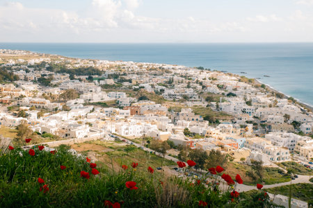 view of Kamari city in Santorini from the ancient thera road. High quality photoの写真素材