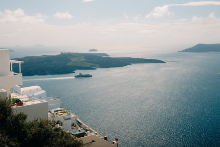 Early morning view of bay on Santorini island, Greece. the luxury cruise in ships the bay. High quality photoの写真素材
