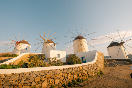Traditional windmills, the symbol of Mykonos island, Greece. High quality photoの写真素材