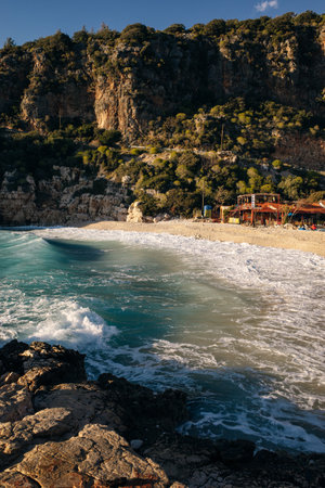 Panoramic view of Great Pebble Beach in Kas, Lykian Coast, Turkey.の写真素材