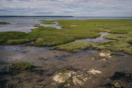 After a rainy day, fiery sunset over the St Lawrence river at the Pointe au Pere Lighthouse in Rimouski. High quality photoの写真素材