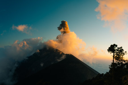 Volcano Fuego erupting at night from view of Volcano Acatenango, Guatemala. . High quality photo