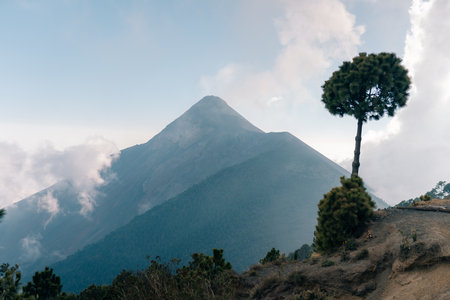 Volcano Fuego at night from view of Volcano Acatenango, Guatemala. High quality photoの写真素材