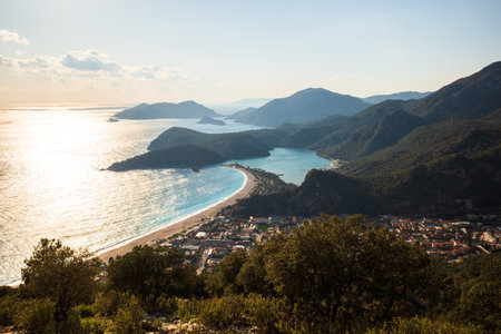 Oludeniz beach aerial panoramic view. Oludeniz or Blue Lagoon is a beach resort in the Fethiye district of Mugla Province, Turkey. High quality photoの写真素材