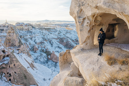 Stunning view of some rock formations in the Red and Rose Valley in Cappadocia during a beautiful sunset. Goreme, central Antolia, Turkey. High quality 4k footageの写真素材