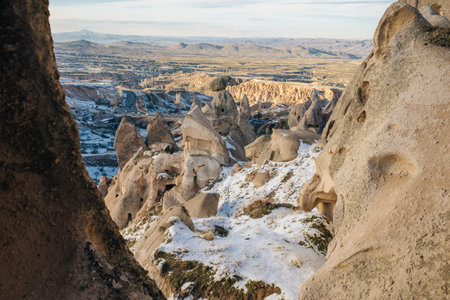 Stunning view of some rock formations in the Red and Rose Valley in Cappadocia during a beautiful sunset. Goreme, central Antolia, Turkey. High quality 4k footageの写真素材