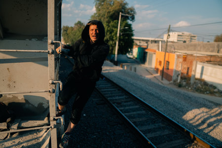 person climbing freight train. High quality photoの写真素材