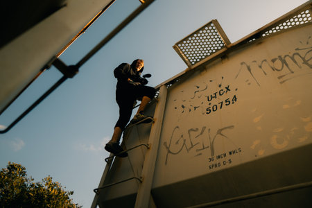 blogger climbing freight train. High quality photoの写真素材