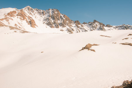 Amazing mountain morning view with rocks and ice in Tian Shan mountains in Central Asia near Almaty in cloudy weather. High quality photoの写真素材