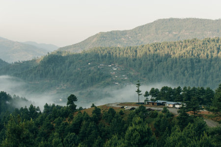 Terraced farming in Nepal. Village on a terraced hill during Annapurna Circuit Trek in Himalayas, Annapurna Conservation Area, Nepal. Rise fields. Agricultural concept. High quality photoの写真素材