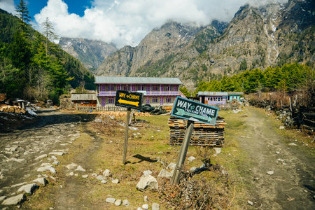 A sign for Khumjung Gomba at Pheriche, on the Mount Everest Base camp trail, Nepal Himalayaの写真素材