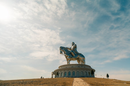 The majestic equestrian statue of Genghis Khan, also known as Chinggis Khaan or Temujin, located in Mongolia. Made of stainless steel, the monument depicts the great military leader on horseback, symbolizing strength, leadershipの写真素材
