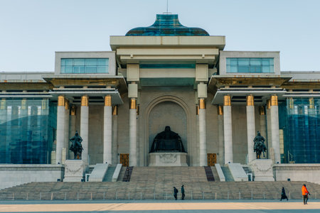 The Government Palace stands on the north side of Chinggis Square in Ulaanbaatar, Mongolia. This neoclassical building is a central landmark, symbolizing national pride and political power.の写真素材