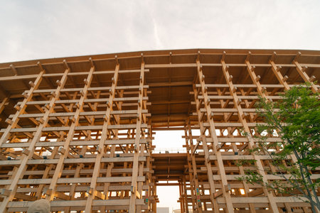 Osaka-Kansai, Japan - may 2 2025 Construction details with teak wood, joints between elements. High quality photoの写真素材