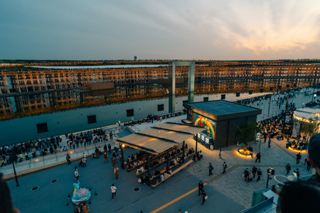 Osaka-Kansai, Japan - May 2, 2025 Visitors watch a water and light display. High quality photoの写真素材
