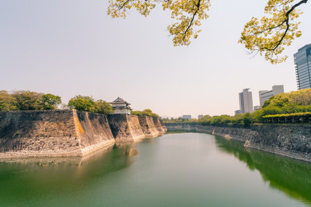 Osaka Castle main keep (Tenshu) on inner wall. Osaka Castle is a Japanese castle in Chuo ward in historic city of Osaka, Japan. It's one of the most famous castle in Japan.の写真素材