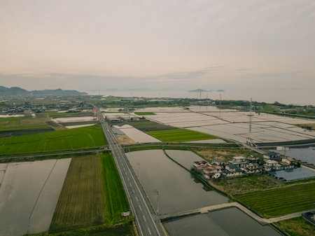 Aerial view over rural countryside rice and farm fields in japan. High quality photoの写真素材