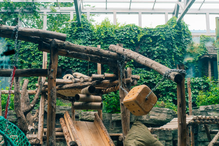 giant panda in zoo beijing. Funny cute black and white bear eats bamboo. High quality photoの写真素材