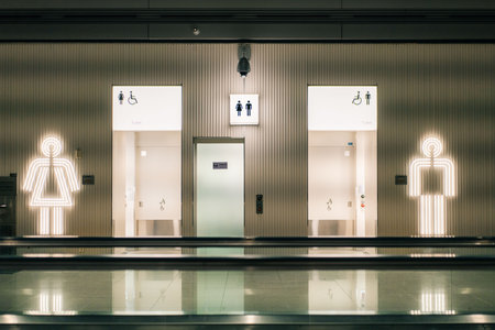 Seoul, South Korea - May 16, 2025 Toilets icon. Public restroom signs with a disabled access symbol. Interior of airport terminal. High quality photoの写真素材