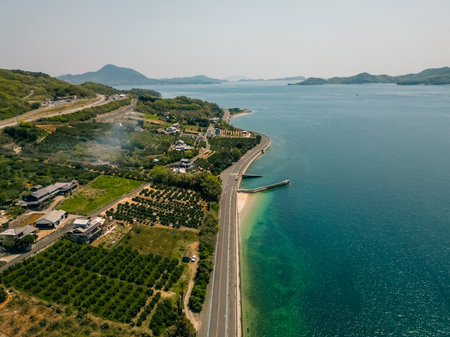 Bicycle lane on Shimanami Kaido path, Ehime Prefecture, Japan. High quality photoの写真素材