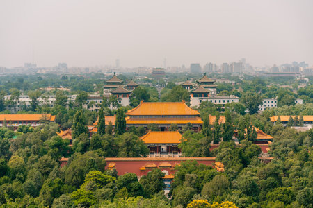 From the summit of Jingshan Park in Beijing, China, Asia, a view of the Forbidden City. High quality...