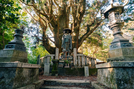 Mitoyo, Kagawa prefecture, Japan - April 13, 2018: Bronze statue of Kobo Daishi on the grounds of...