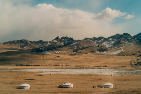 This is how Mongolian people live nomadic style with their traditional yurt in Mongolia. High quality photoの写真素材