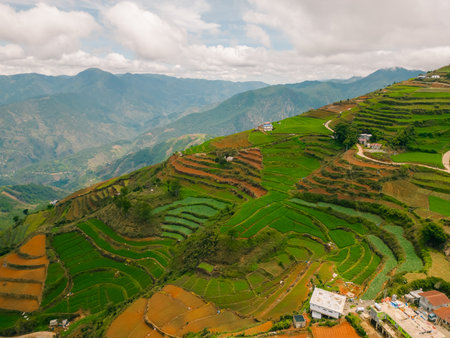 aerial view of philippines mountain villages near mount pulag. High quality photo