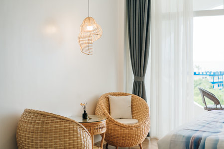 Rattan hanging chair in cozy house. High quality photoの写真素材