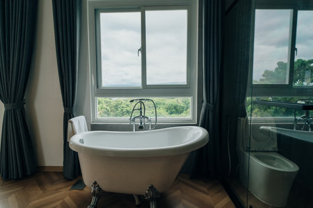 Modern minimalist bathroom interior, pastel decor concept, modern wooden bathroom furniture. High quality photoの写真素材