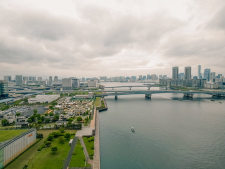 Tokyo Odaiba Koto-ku island bay promenade panorama Ariake skyscrapers Japan. High quality photo