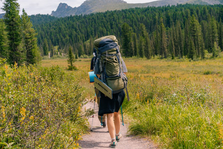 backpacker on the path in the mountain. High quality photo
