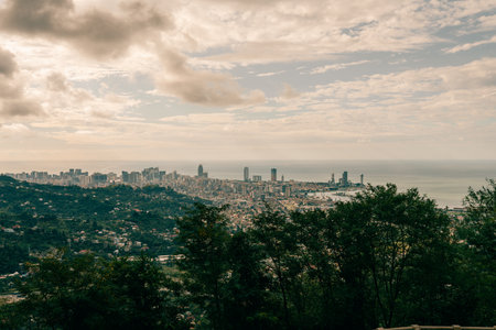 travel to Georgia - green trees and view of Batumi city with suburb from Sameba hill on autumn day. High quality photoの写真素材