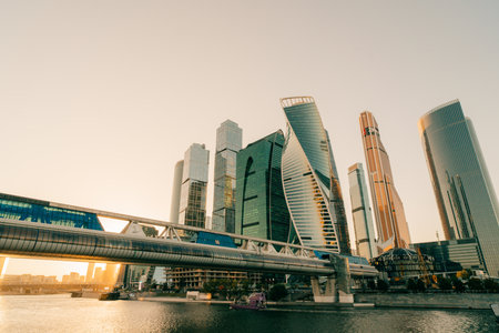 High buildings of Moscow-City at Moskva River at summer sunset, Russia - 29 Sep 2025. High quality photoの写真素材