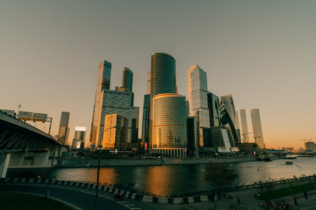 High buildings of Moscow-City at Moskva River at summer sunset, Russia - 29 Sep 2025. High quality photoの写真素材