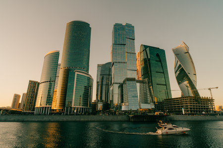 High buildings of Moscow-City at Moskva River at summer sunset, Russia - 29 Sep 2025. High quality photoの写真素材
