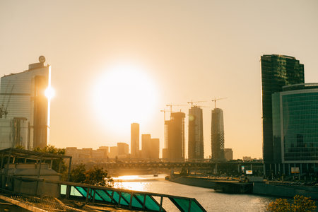 High buildings of Moscow-City at Moskva River at summer sunset, Russia - 29 Sep 2025. High quality photoの写真素材