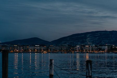 yellow Ferry in Villeneuve on Lake Geneva, Vaud, Switzerland, Europe - 2 Oct 2025. High quality photoの写真素材