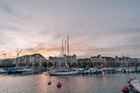Geneva, Switzerland - Sep 1 2025 luxurious and expensive yachts are docked in a harbor on lake Geneva. High quality photoのeditorial素材