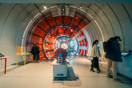 Geneva, Switzerland, Europe - 1 Dec 2025 CERN, Globe of Science and Innovation building, Universe of Particles exibition, Galileo Galilei Square, European Organization for Nuclear Researchのeditorial素材