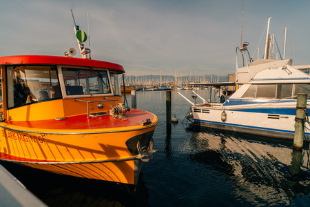 yellow Ferry in Villeneuve on Lake Geneva, Vaud, Switzerland, Europe - 2 Oct 2025. High quality photoのeditorial素材