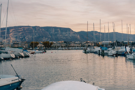 Geneva, Switzerland - Sep 1 2025 luxurious and expensive yachts are docked in a harbor on lake...