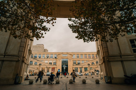 MONTPELLIER, FRANCE - Dec 2 2025 Montpellier Place de Thessalie in the heart of Antigone neighbourhood. High quality photoのeditorial素材