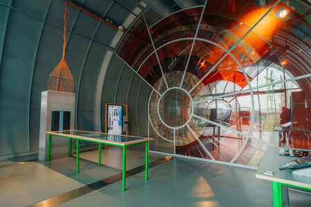 Geneva, Switzerland, Europe - 1 Dec 2025 CERN, Globe of Science and Innovation building, Universe of Particles exibition, Galileo Galilei Square, European Organization for Nuclear Researchのeditorial素材